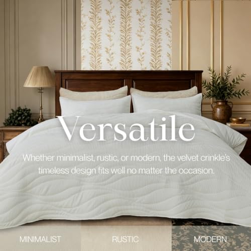 Image of DOWN HOME Crinkle Textured Velvet Quilt Set with Shams, All-Season Luxury Modern Bedding,Easy Care Comforter,Ultra-Soft,Lightweight & Breathable, King, Throne White