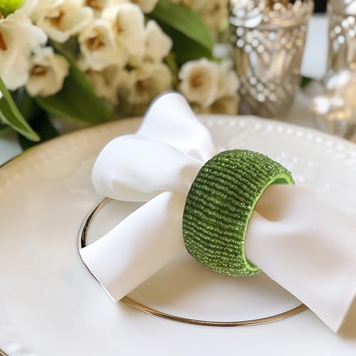 Image of COTTON CRAFT Glitz Beaded Napkin Rings - Set of 12 - Handmade Green Napkin Ring Holders for Dining Table Decor - Elegant Beaded Napkin Rings for Weddings, Parties, Brunch, Holiday Table Settings