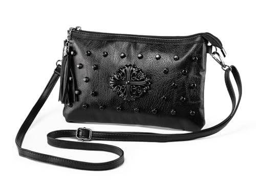 LaRechor Bolso Bandolera Mujer Pequeño Bolso de Mano con Remache y Borla Bolso de Hombro de Noche, Asa y Correa, Negro