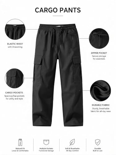 Image of Cargo Cotton Pants for Men's| Relaxed Fit Cargo Trousers| Multi Pocket Casual Streetwear Bottom| Drawstring Elastic Waistband Utility Pants for Men| Comfortable Lower for Men