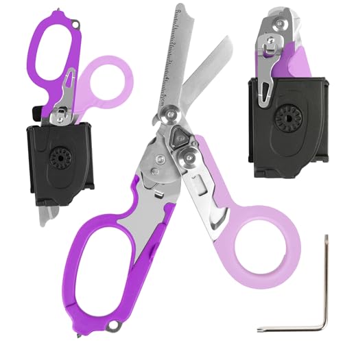 6 in 1 Multi-Function Pieghevole Forbici Trauma con fondina compatibile, Forbici di risposta di emergenza Outdoor Camping Rescue Tools con Strap Cutter e Glass Breaker (Viola)