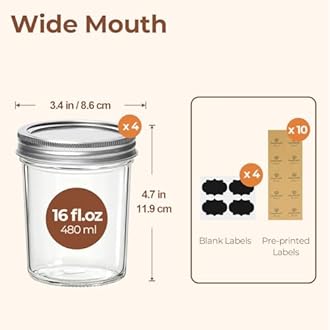ComSaf Wide Mouth Mason Jars 16 oz with lids - 4 Pack, Pint Mason Jars with Seal Bands, Glass Canning Jars for Honey, Jam, Jelly, Coffee, Salad, Desert, Shower Wedding Favors, DIY Candles Decor