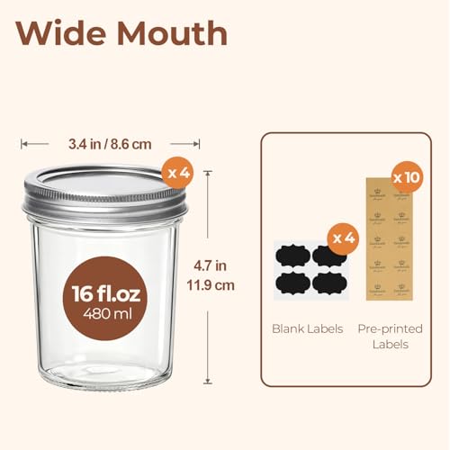 Image of ComSaf Wide Mouth Mason Jars 16 oz with lids - 4 Pack, Pint Mason Jars with Seal Bands, Glass Canning Jars for Honey, Jam, Jelly, Coffee, Salad, Desert, Shower Wedding Favors, DIY Candles Decor