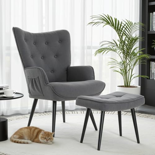 Clevich Sillón Orejero con Reposapiés, Gris Poltrona Sala Chenille Suave – Butaca de Salón para Lectura, Sillon Dormitorio, hasta 168 kg