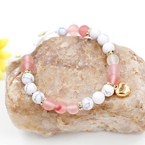 Image of Uloveido Natural Stone Mom Heart Charms Beaded Bracelets for Mum from Son or Daughter With Massage Card and Box | Mothers Day Jewelry Gifts
