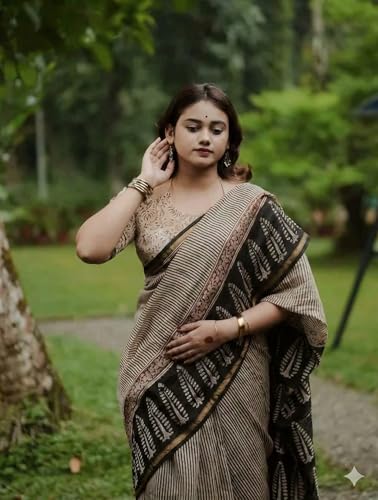 Image of Linen Saree for Women with Blouse Piece | Premium Soft Linen Cotton Saree | Lightweight Printed Traditional & Casual Wear Saree with Contrast Border