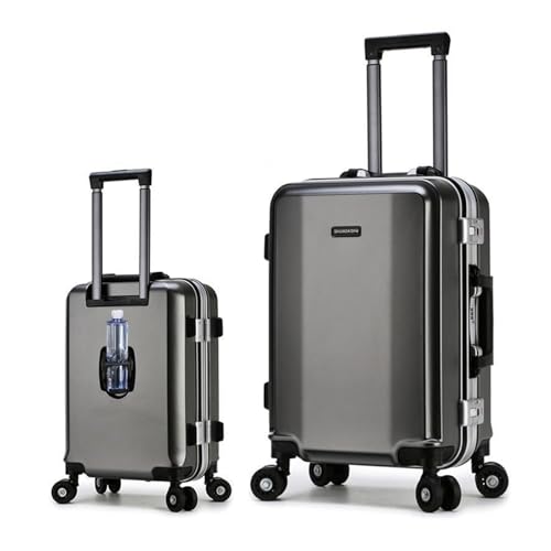28 inch Aluminum Framed Suitcase with Silent Spinner Wheels,with USB Port & Cup Holder Lightweight Hard Shell Suitcase,Gray,26in