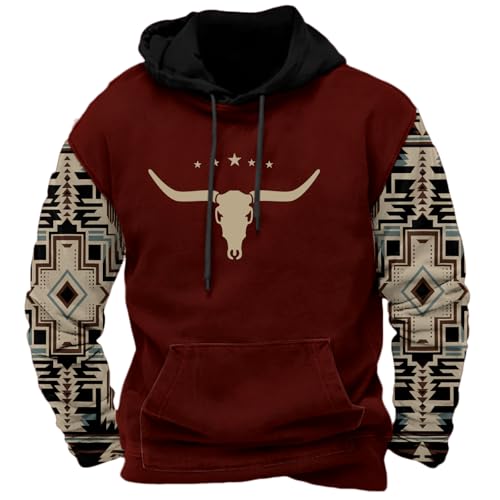 HOTYD Mens Cowboy Sweatshirt Vintage Tribal Aztec Printed Plus Size Western Hoodies for Men Long Sleeve Pullover Hooded