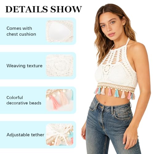 Image of PALAY Women's Summer Beach Backless Crochet Halter Bikini Crop Top Crochet Hollow Out Tassle Embroidery Knit Boho Beachwear