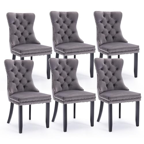 SoarFlash Ensemble de 6 Chaises de Salle à Manger en Velours, avec Dossier à Ailes tapissé, piquetage à Boutons, Garniture rivetée, Anneau décoratif de...