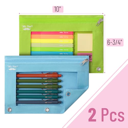 Image of Mr. Pen- Pencil Pouch for 3 Ring Binder, 2 Pack, 10 inchx6.75 inch, Smooth Zipper | Clear Window, Large Capacity Pencil Case with 3 Reinforced Grommets for School, Office, Supplies Storage | Clear Window, Large Capacity Pencil Case with 3 Reinforced Grommets for School, Office, Supplies Storage