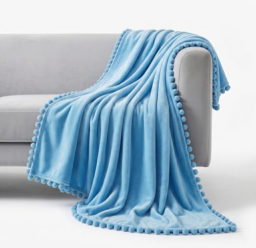 Image of SANMARINO 250 GSM Flannel Blanket for Single Bed | Ultra Soft Velvet Touch Throw Blanket with Decorative Pom Pom Fringe | Lightweight & Breathable All-Season /Mild Winter -152x228 cm,Aqua