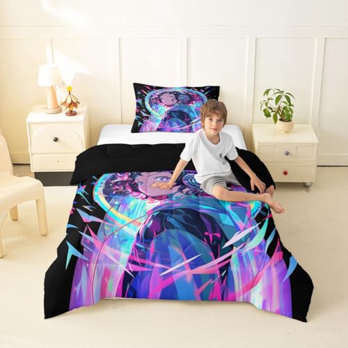 Image of Erosebridal 3D Anime Girl Bedding Comforter Sets American Street Culture Comforter Set Twin for Teens Youth Girls Watercolor Graffiti Style Bedding Galaxy Stars Print Duvet Set with 1 Pillow Case