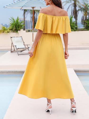 Image of CUPSHE Women Ruffle Floral Maxi Summer Dress Off Shoulder Short Sleeve Backless Flounce Bodice Slit Hem Beach Dresses