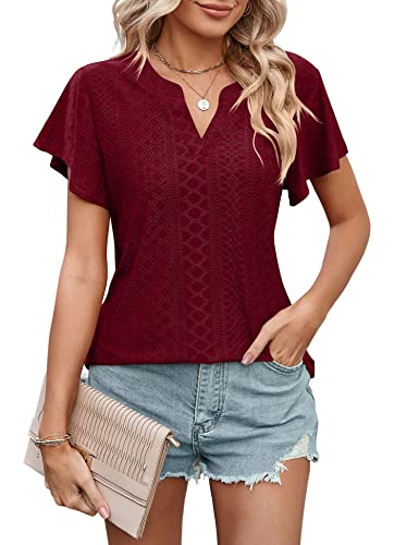 HANERDUN Camisetas Mujer Volantes Manga Corta Blusas de Mujer Elegantes Verano Top de Cuello en V T Shirt