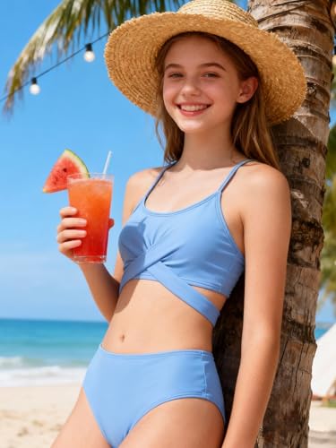 Image of Girl's 3 Piece Bikini Set Cross Strap Swimsuits for Girls Bathing Suit with Shorts Teen Swimwear Swimming Suit