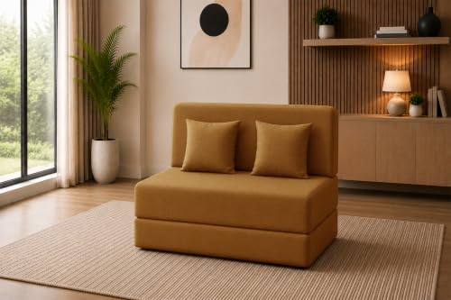Image of Sofa Cum Bed with Jute Fabric, Convertible Two Seater Sofa Bed 4x6 Ft, Comfortable Cushioned Seating, Space Saving Design for Living Room, Bedroom & Guest Room - Golden Color