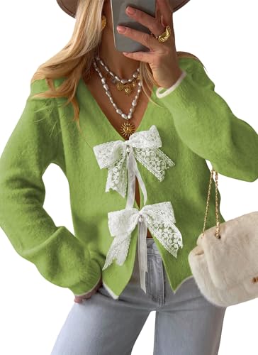 Image of Cakulo Womens Bow Tie Sweater V Neck Cardigan Sweaters 2026 Lightweight Spring Fashion Knit Cardigans Outfits