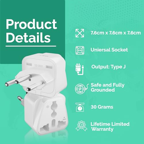 Image of rts (2 Pack) Travel Essentials India to Switzerland, Jordan Rwanda Liechtenstein Swiss Universal Travel Adapter Plug Convert Standard 3 pin Plug to a Variety of National Socket Travel Conversion Plugs