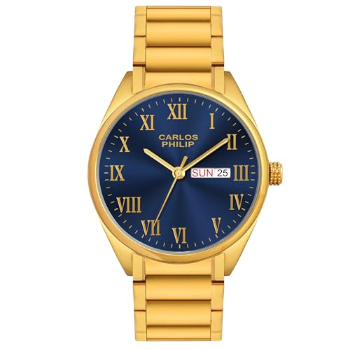 Image of Carlos Philip Men's Roman Numeral Analog Watch - Day and Date Display, Stainless Steel Strap, Quartz Movement, Business Style Watch for Men