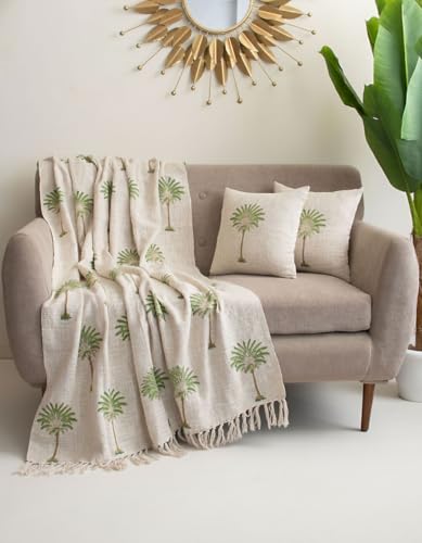 Image of Handwoven Cotton Sofa Throw Blanket with 2 pcs Cushion Covers Lightweight Decorative Couch & Bed Throw (Pack of 3, Green Palm Tree)