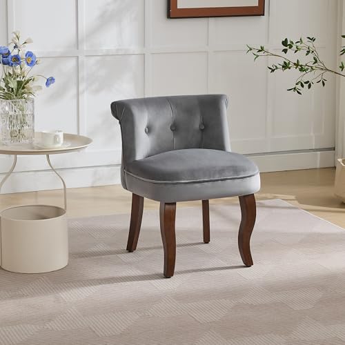 WUTUTUEE Velvet Vanity Chair with Back, Tufted Upholstered Vanity Stool with Solid Wood Legs, Mid Century Small Makeup Chair for Vanity, Accent Chair for Bedroom, Living Room, Grey