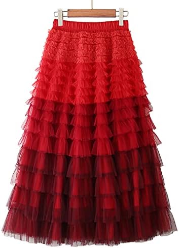 女性のカクテルドレス デザインファッション女性の グラデーションカラーメッシュスカートエレガントなレイヤースカート女性パーティースカート Lynlyn 商店 Color Red Large Size