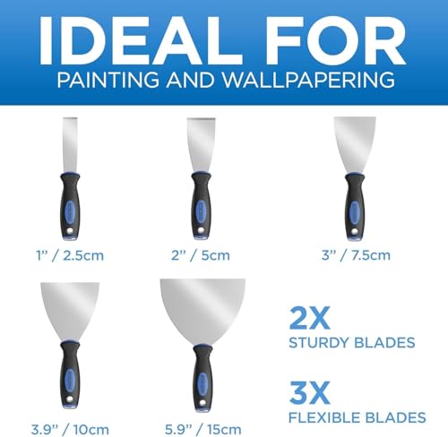 EFFEKTWERK Profi Spachtel Set – 5tlg Spachtel aus rostfreiem Edelstahl – 2x stabil zum Tapeten entfernen mit Anschliff & Metallplatte – 3x flexible Malerspachtel – Maler Werkzeug Spachtelset - 2