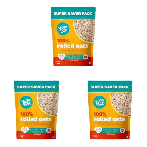 Image of Yogabar 100% Rolled Oats 1 kg Pouch | Premium Golden Rolled Oats, Gluten Free Oats with High Fibre, Non GMO | Healthy Food with No Added Sugar | Diet Food for Weight Management - 1 kg (Pack of 3)