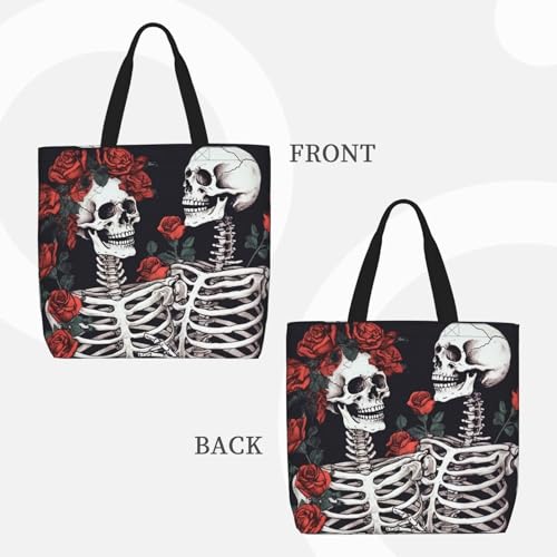 Rose and skeleton Tote Bag for Women, Zipper Casual Tote's Handbag for Travel, Work, Lightweight Laptop Bags Big Capacity Shoulder Bag Reusable Grocery Shopping Bags2
