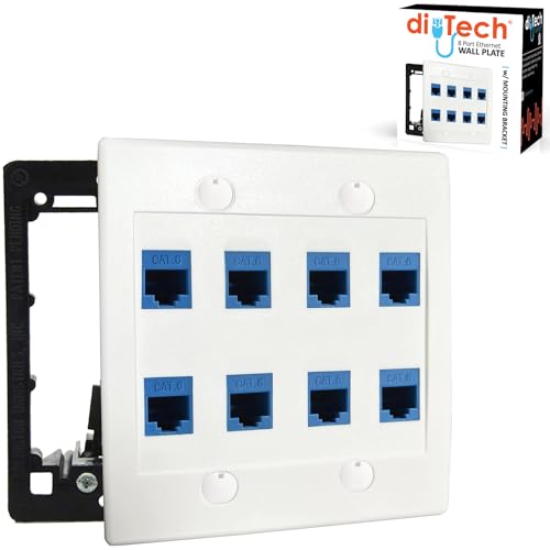 diyTech Ethernet Wall Plate - 8 Port RJ45 Cat6 Ethernet Wall Outlet, Female to Female Cat6 Wall Jack Keystone, Ethernet Plug in Wall Outlet, for Network Outlet Setup - White