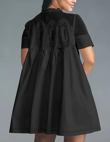 Womens Summer Lace Mini Babydoll Dress Ruffled Collar Short Sleeve Loose Mesh Swing Elegant Flared Sundress2