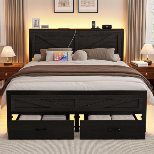 Siihnon Rustic King Size Bed Frame with Storage Drawers...