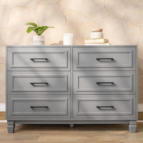 Image of BERRY NEST Farmhouse Dresser for Bedroom, 6 Drawer Dresser with Unique Solid Wood Legs, Modern Wide Chest Dressers for Clothes, Closet, Living Room, Grey
