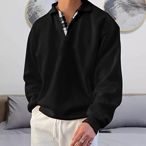 Men's Long Sleeve Polo Shirts Regular Fit Plaid Collar Cotton Golf T-Shirts 2022 Fall Winter Casual Sweatshirt Top(Black,Medium) #TOP1