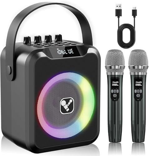 Machine de karaoké portable avec 2 microphones sans fil et lumières LED pour adultes et enfants