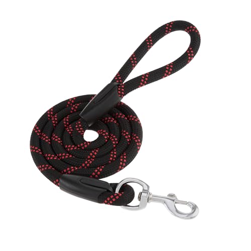 Amazon Basics Extra Thick Premium Nylon Rope Leash | 4 ft/ 122 cm | Black | Strong Hook for Training and Walking Dogs | Reflective Strips for Night Safety