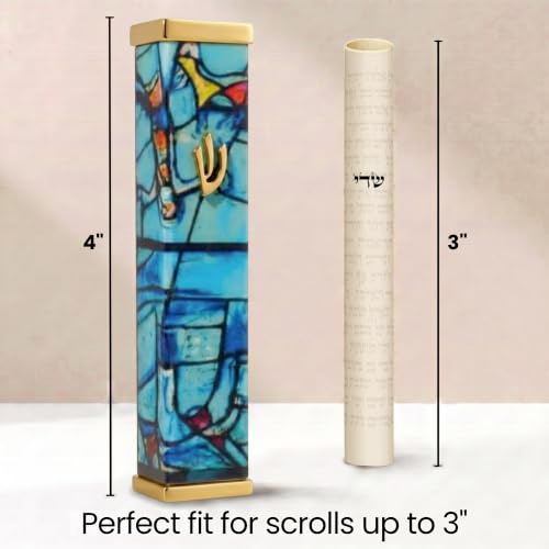 Image of SURI Mezuzah with Scroll for Door - 4 Inch Turquoise Chagall-Inspired 24K Gold-Plated Aluminum Mezuzzah Cover with Printed Scroll, Fits a 3 Inch Scroll, Gift Box Included