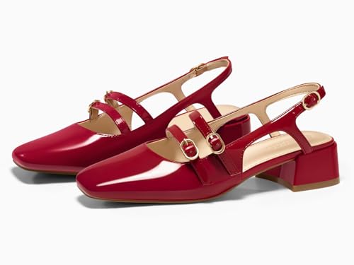 Image of Coutgo Women's Mary Jane Chunky Low Heels Slingback Pumps Closed Square Toe Wedding Dress Shoes