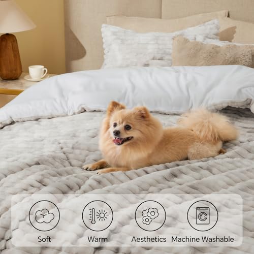 Image of BEDELITE Fleece Full Comforter Set -Super Soft & Warm Fluffy Grey&White Bedding, Luxury Fuzzy Heavy Bed Set for All Season with 2 Pillow Cases