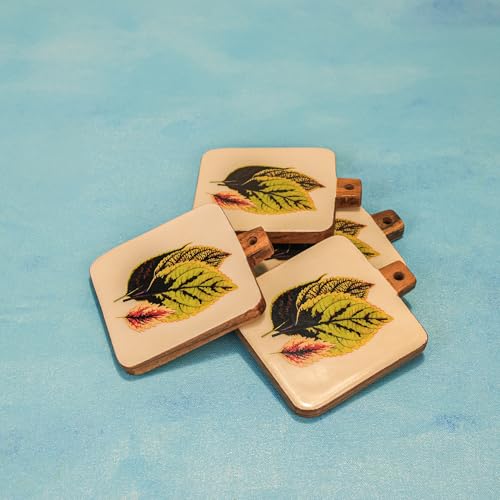 Image of Ireka Home Timber Leaf Coaster Set of 4 | Acacia Wood with Enamel Botanical Leaf Design | Coaster Set Fit for Tea Cups, Coffee Mugs and Glasses