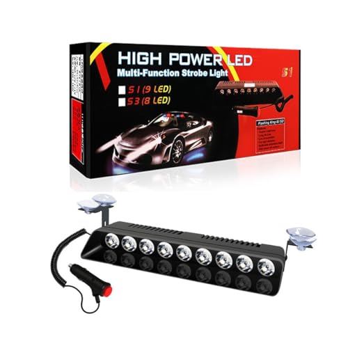 Image of AutoBizarre 12V Car Dash Emergency Warning Strobe Red Blue Flasher Windshield Sucker LED light With Multiple Flashing Modes For All Cars, Emergency Vehicles, etc. (9 LED Red Blue White)