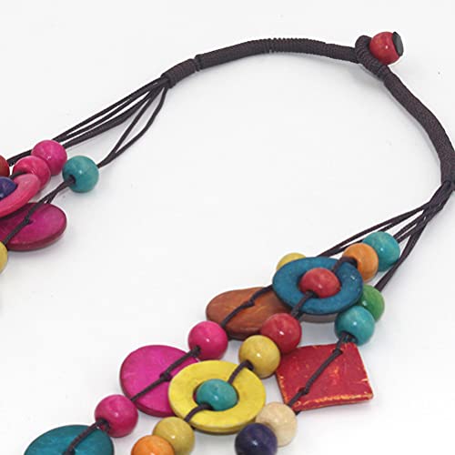 Bohemian Shell Necklace Wood Bead Statement Collar Necklace Chunky Layered Necklace Handmade Beaded Long Necklace for Women4