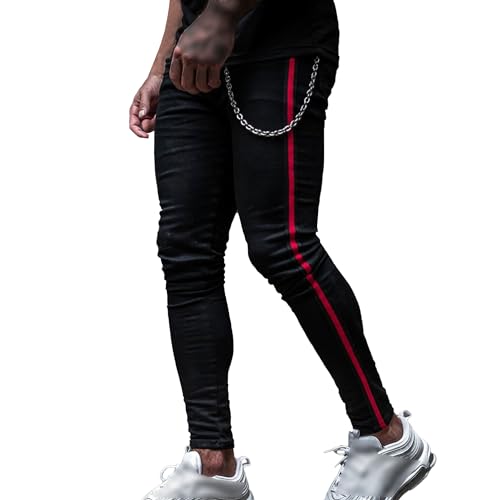 Men's Side Striped Jeans High Rise Stretch Skinny Men Jean Slim Ripped Tapered Leg Denim Pants