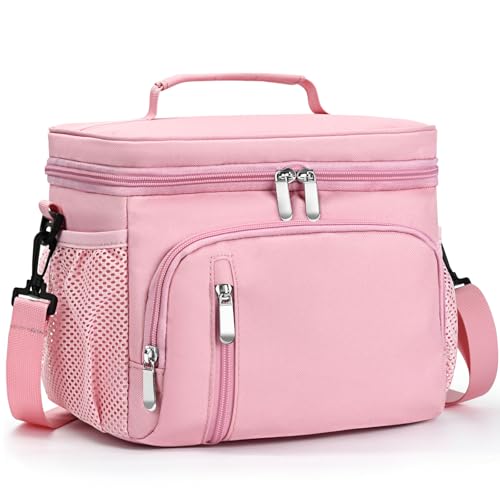 MIAOJIE Insulated Lunch Bag for Men & Women, 9L Leakproof Lunch Box Soft Cooler Tote with 5 Pockets, 600D Oxford, EVA Lining, Adjustable Strap for Work, Picnic, Beach&Travel-Pink