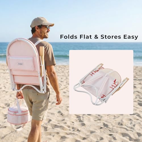 Image of Padded Low Beach Chair, 4-Position Folding Outdoor Chair with Wooden Armrests, Cushioned Seat, Storage Pouch & Carry Strap for Beach, Patio and Lawn, Harbour Rose Pink