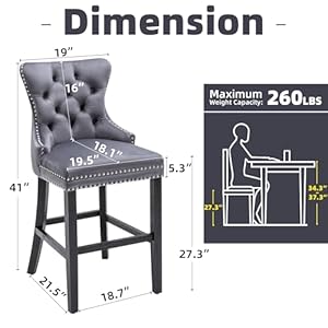 Bar Stools Set of 2 Velvet 26 Counter Height Stools with Button Tufted Back Rivet Trim Bar Chairs for Kitchen Island Wood Frame Legs Dark Gray