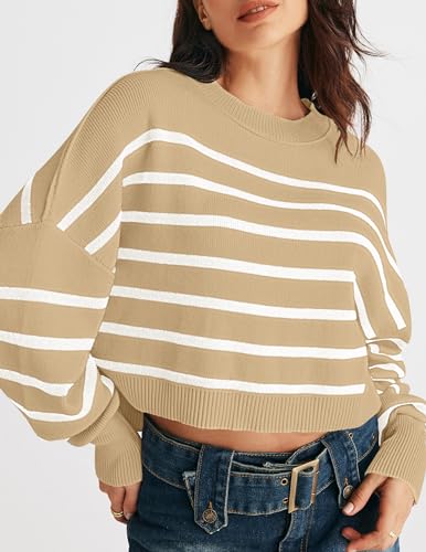 MEROKEETY Women's Long Sleeve Crew Neck Striped Crop Sweater Ribbed Knit Pullover Jumper Tops2