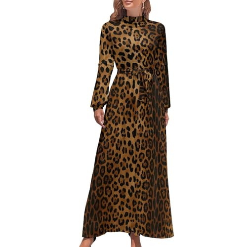 OLAzukaZ Leopard Print Dress Women's Loose High Neck Spring Casual