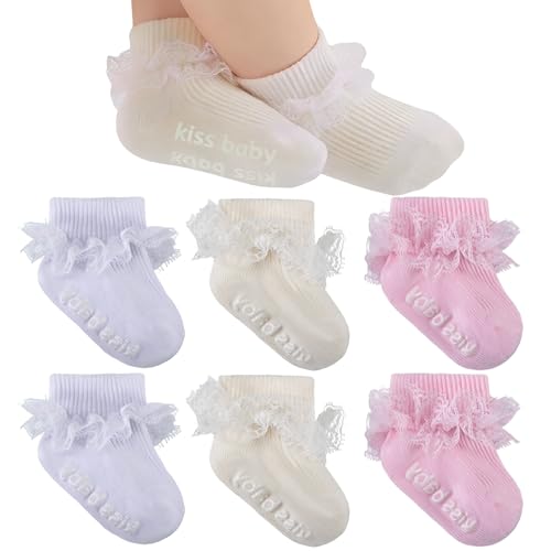 Image of MKYSZLT Baby Girl Ruffle Socks with Grips Turn Cuff Ankle Lace Frilly Dress Socks for Newborn/Infant/Toddler/Little Kids